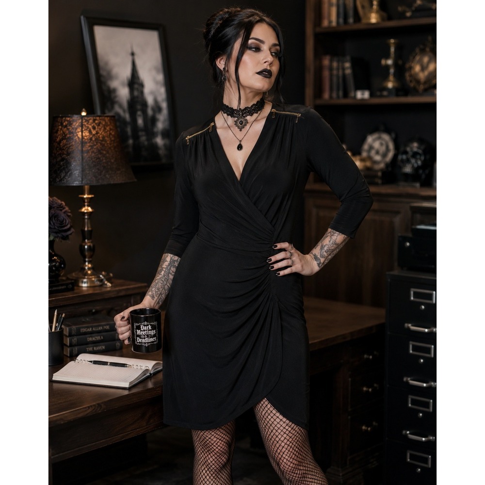 Calvin Klein Womens Black Ruched Wrap Dress‎ Gold Zipper Shoulder Accents Size M